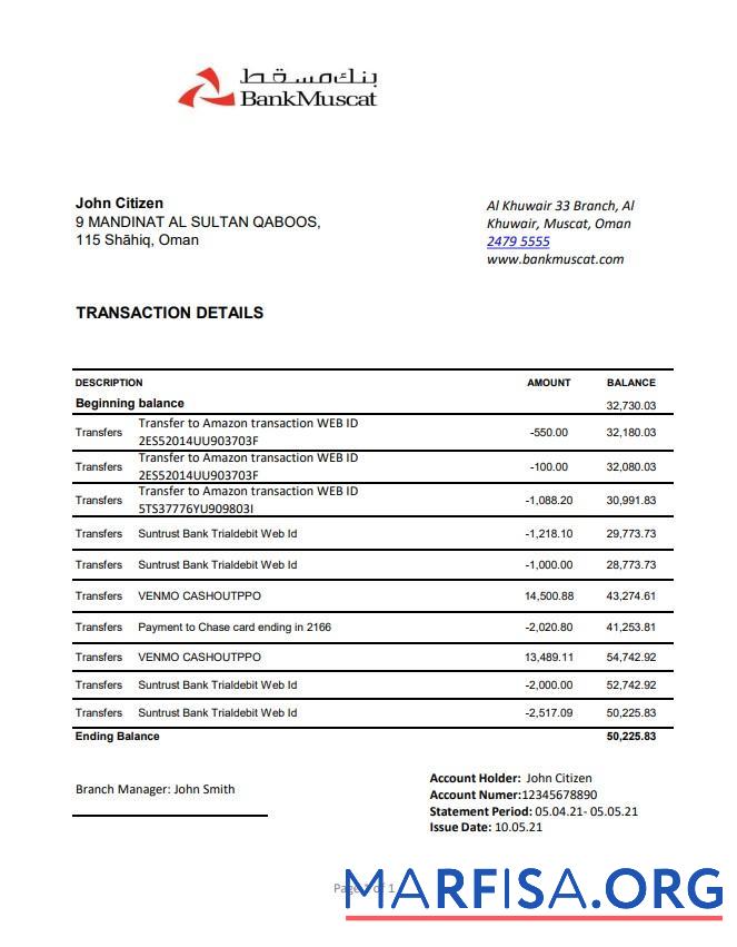 Realistic Oman Bank Muscat bank statement excel real example
